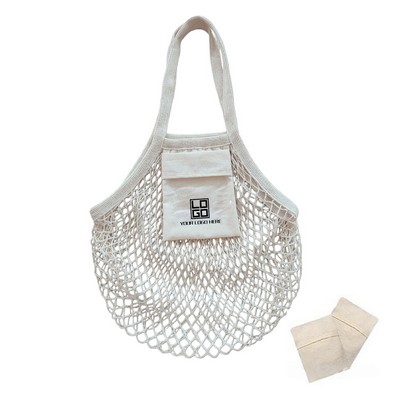 Long Handle Reusable Cotton Mesh Tote Bag With Pocket